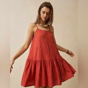 SHEIN Boho Embroidered Rust Sleeveless Ruffle Mini Dress